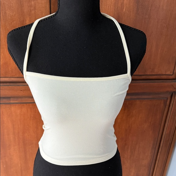 WeWoreWhat Tops - WEWOREWHAT Cream Ribbed Spaghetti Strap Crop Top